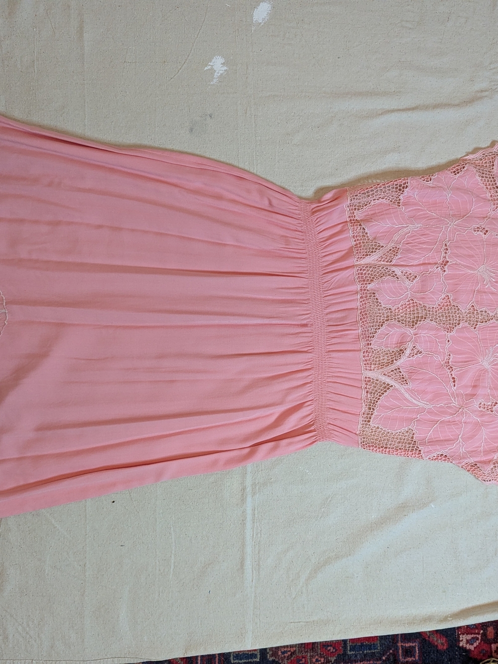 1980s Vintage Bali Emerald Cutwork Lace Pink Hibiscus Dress S/M - Picture 3 of 8